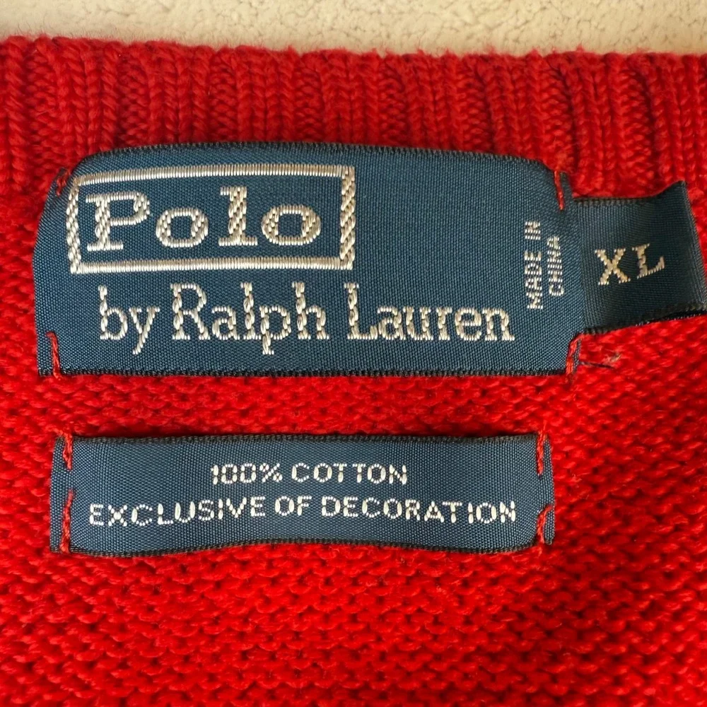 Polo Ralph Lauren Mens XL Red Cotton Crewneck Sweater Navy Pony Logo‎ Vintage